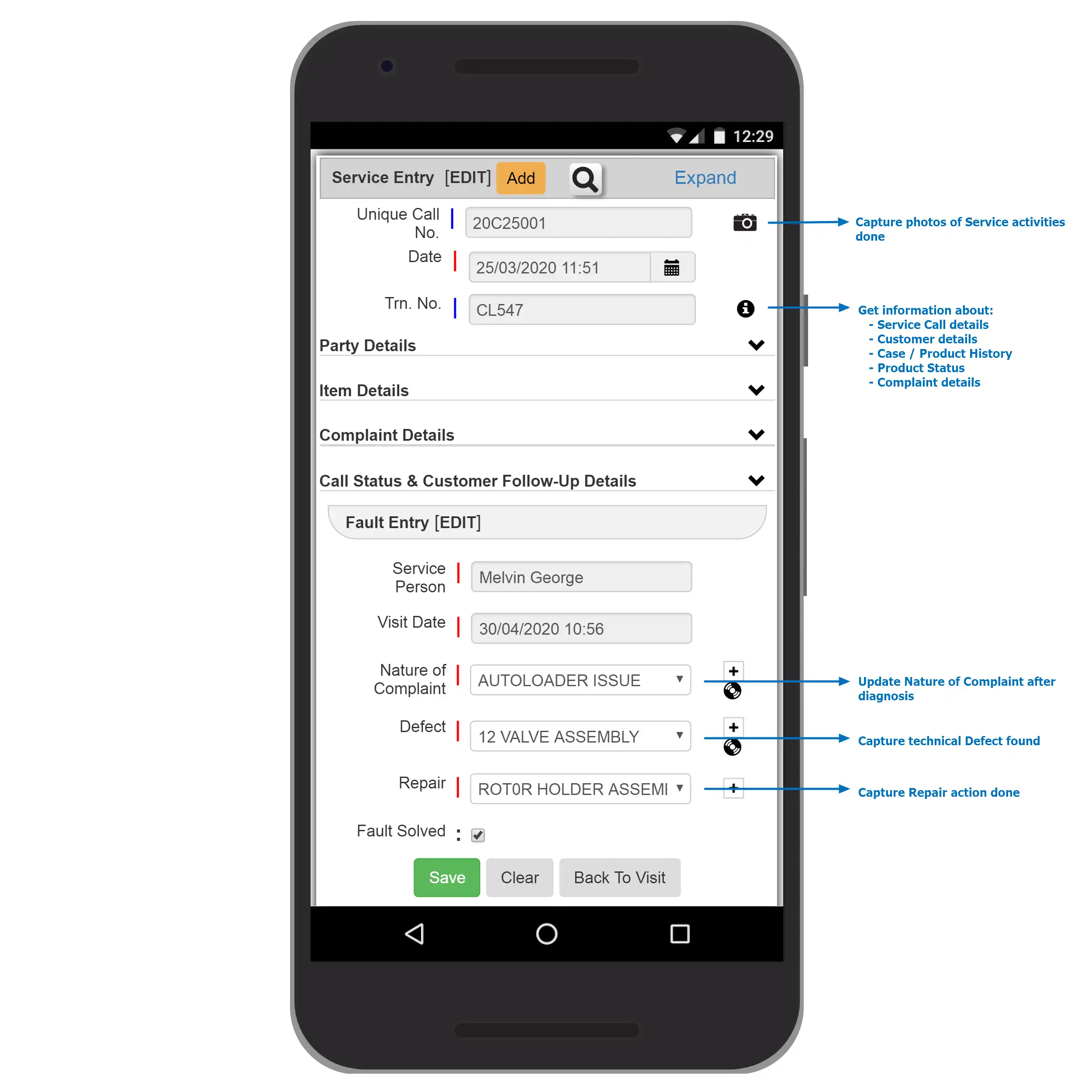 eBizWiz CRM Mobile Service Call Update