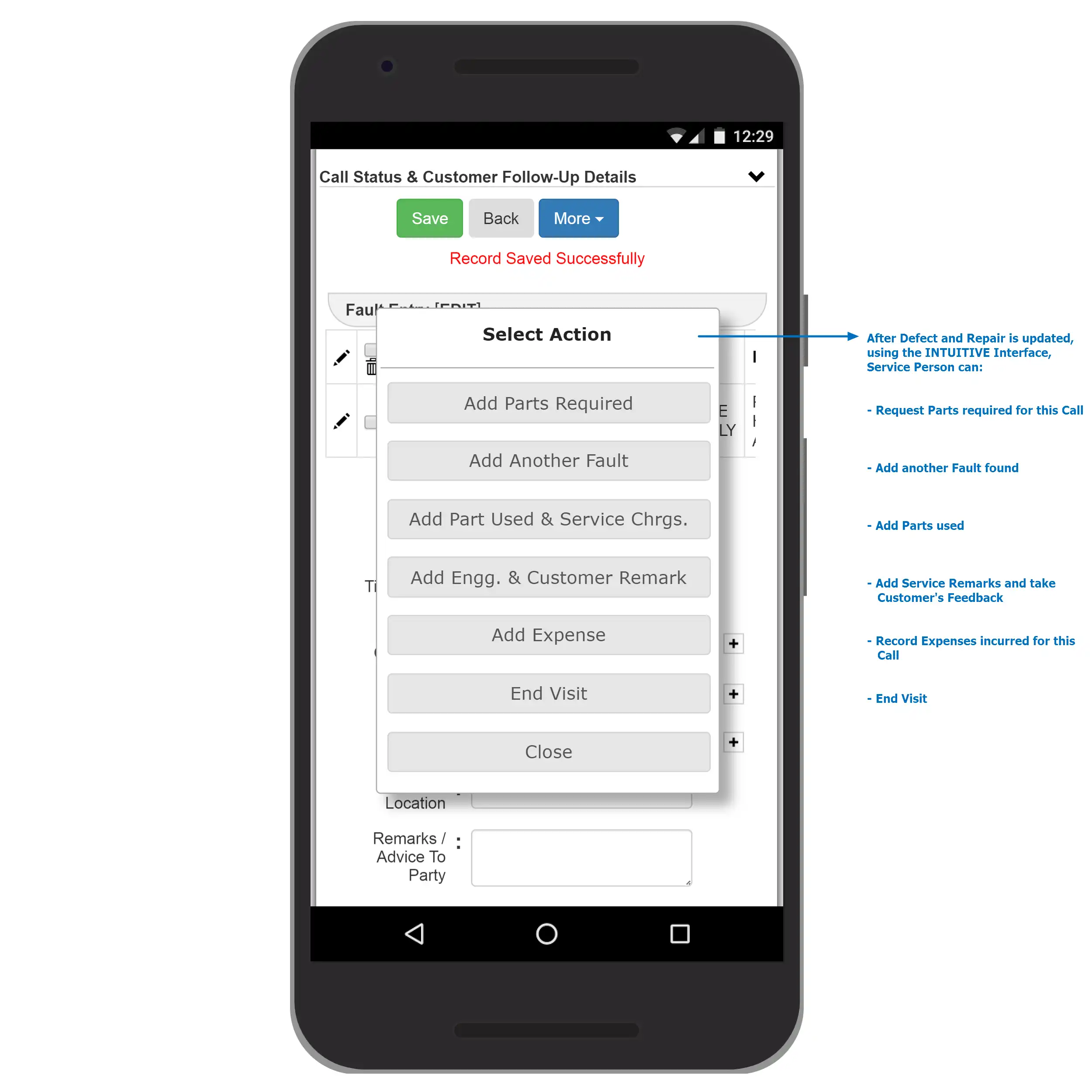 eBizWiz CRM Mobile Service Call Update Options