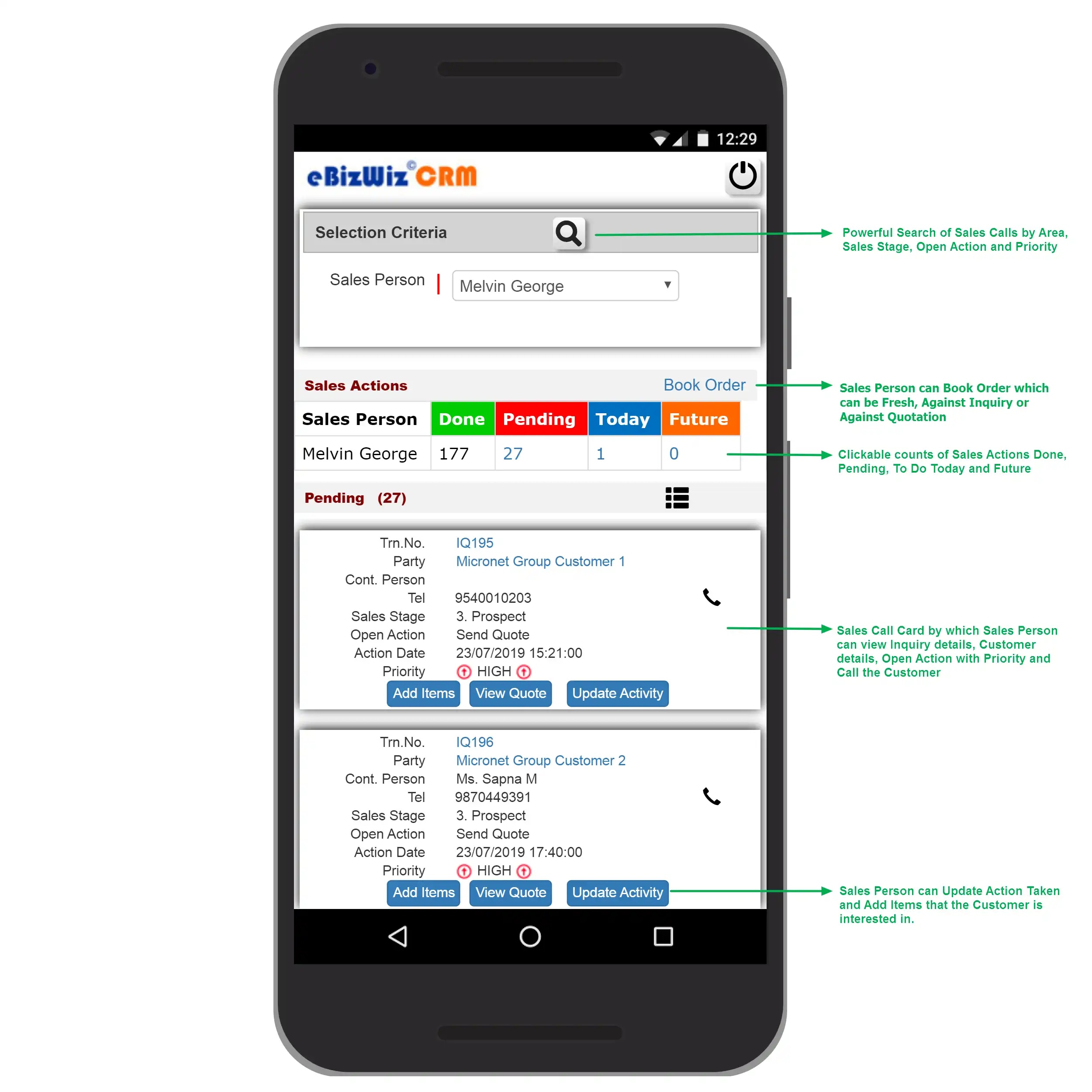 eBizWiz CRM Mobile Sales Person To Do List