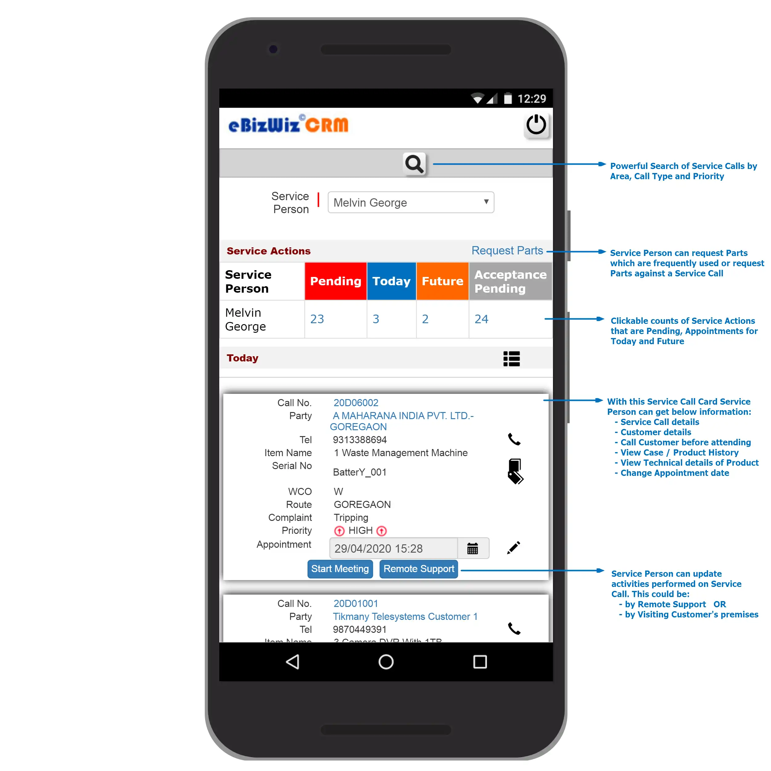 eBizWiz CRM Mobile Service Person To Do List