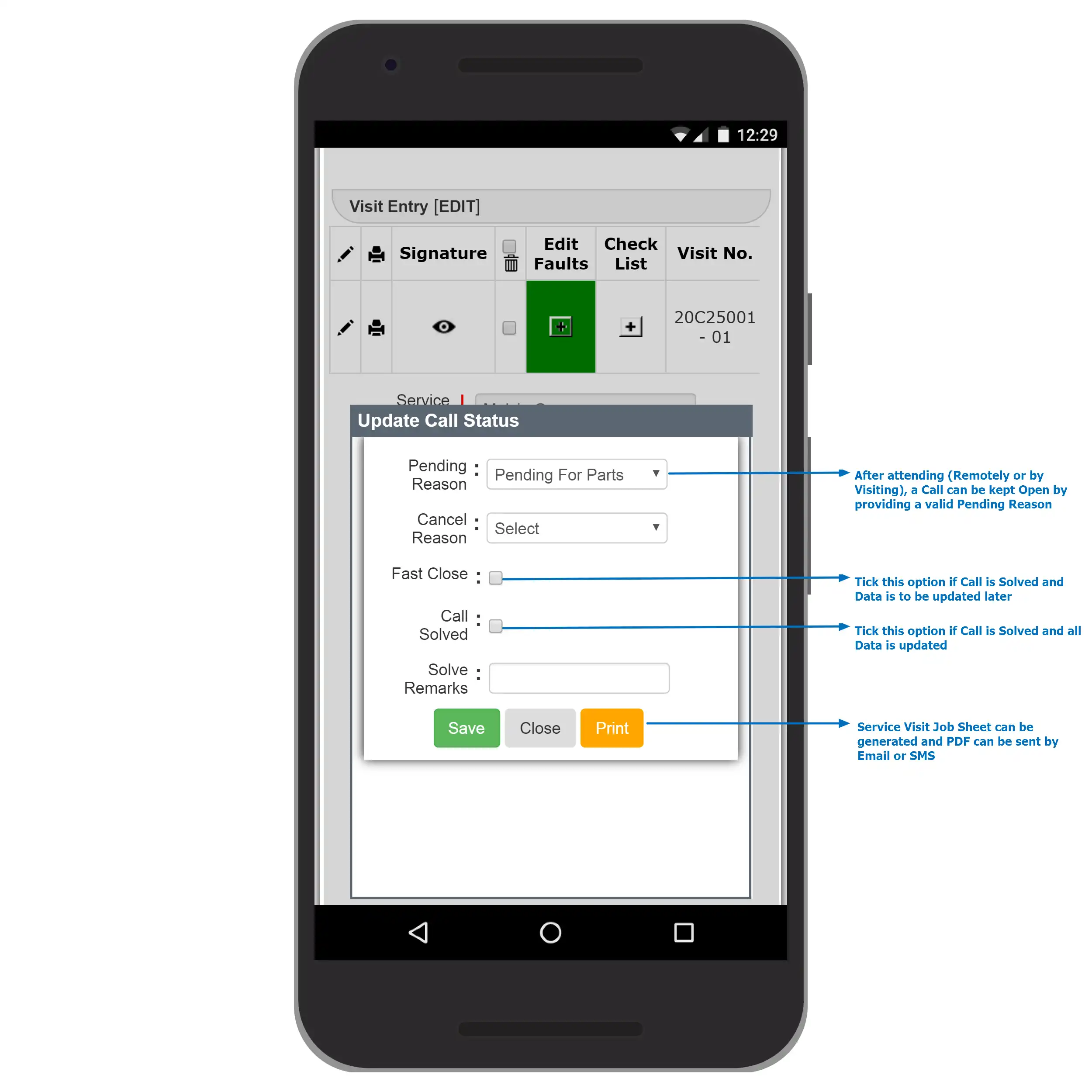 eBizWiz CRM Mobile Service Call Status