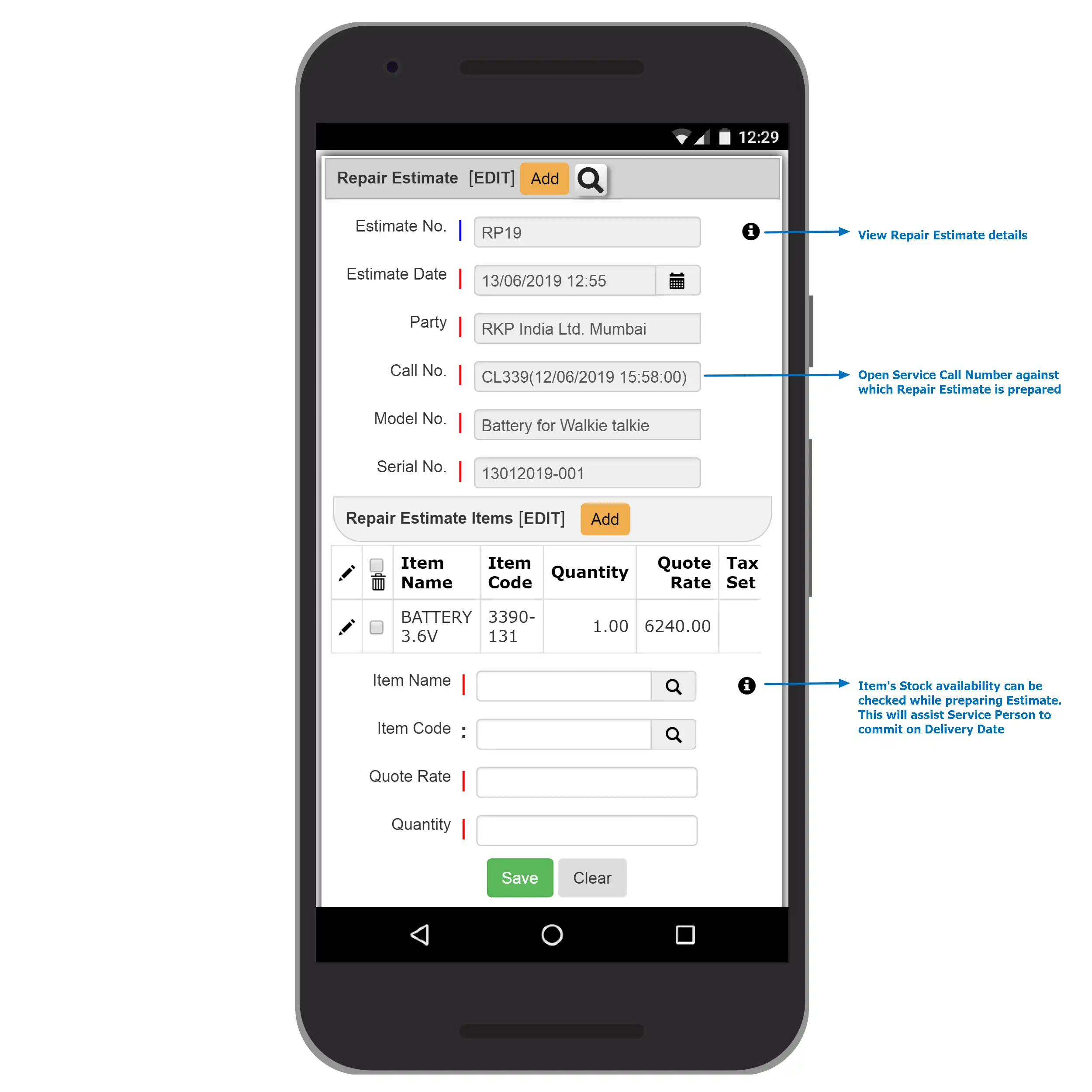 eBizWiz CRM Mobile Repair Estimate