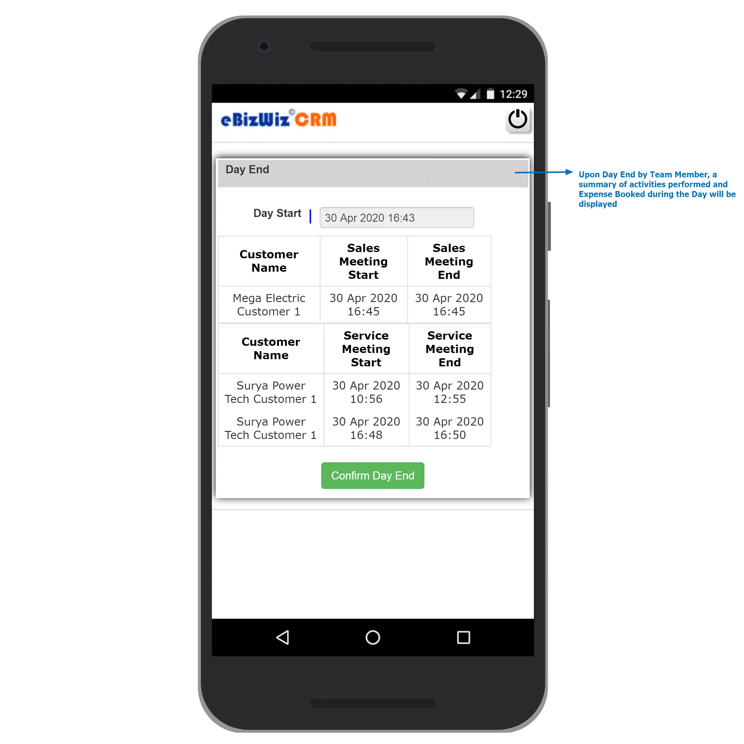 eBizWiz CRM Mobile Day End